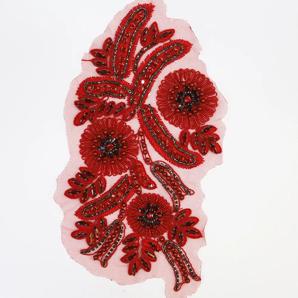 Heavy Bead Embroidery Lace Crochet Flower Beaded Crystal Rhinestone Patch Fashion Bridal Neck Lace Applique