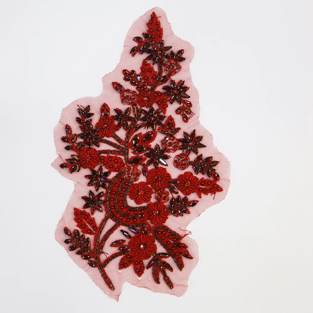 Heavy Bead Embroidery Lace Crochet Flower Beaded Crystal Rhinestone Patch Fashion Bridal Neck Lace Applique