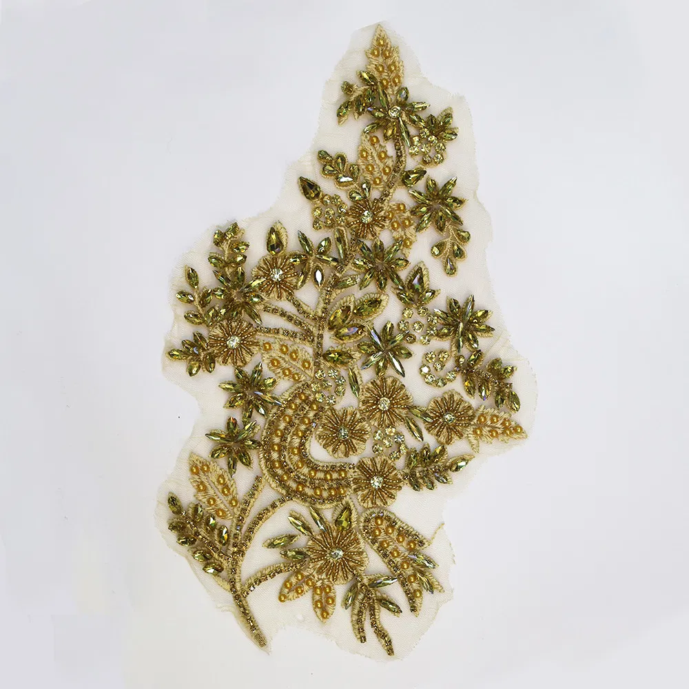 Heavy Bead Embroidery Lace Crochet Flower Beaded Crystal Rhinestone Patch Fashion Bridal Neck Lace Applique