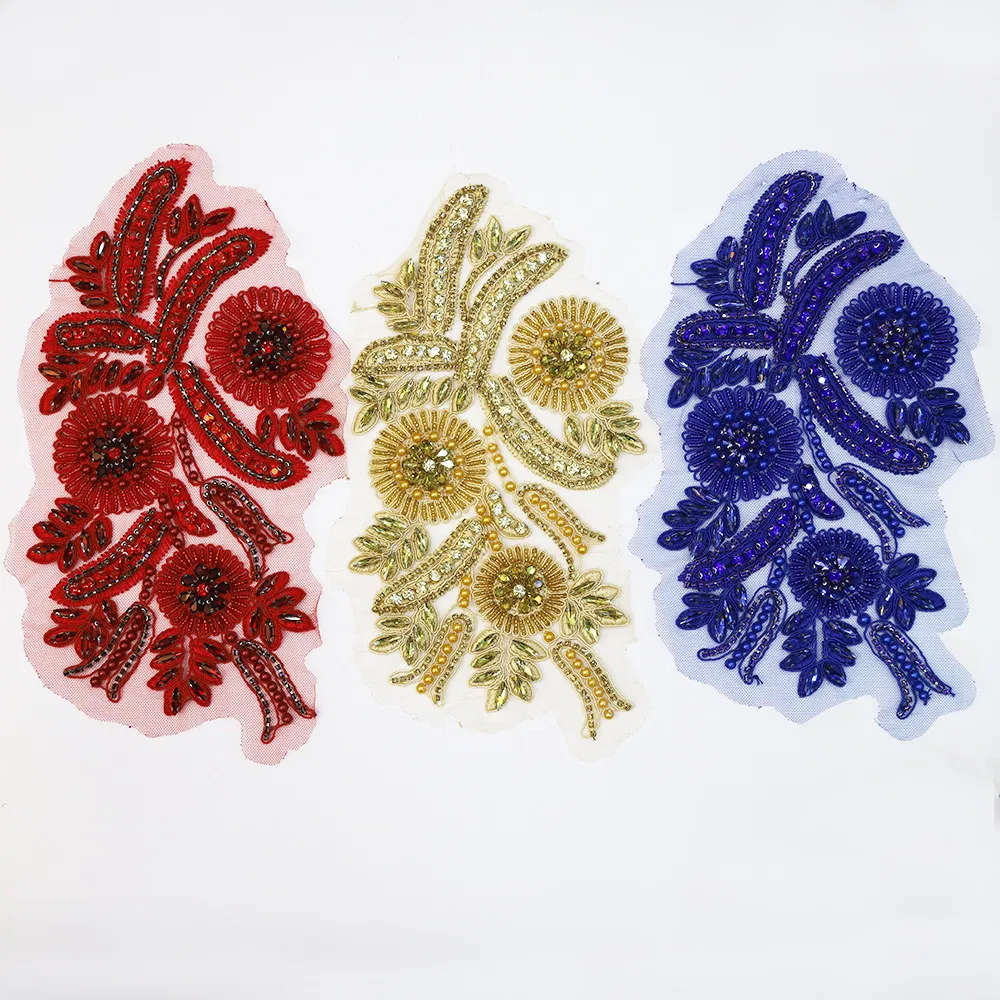 Heavy Bead Embroidery Lace Crochet Flower Beaded Crystal Rhinestone Patch Fashion Bridal Neck Lace Applique