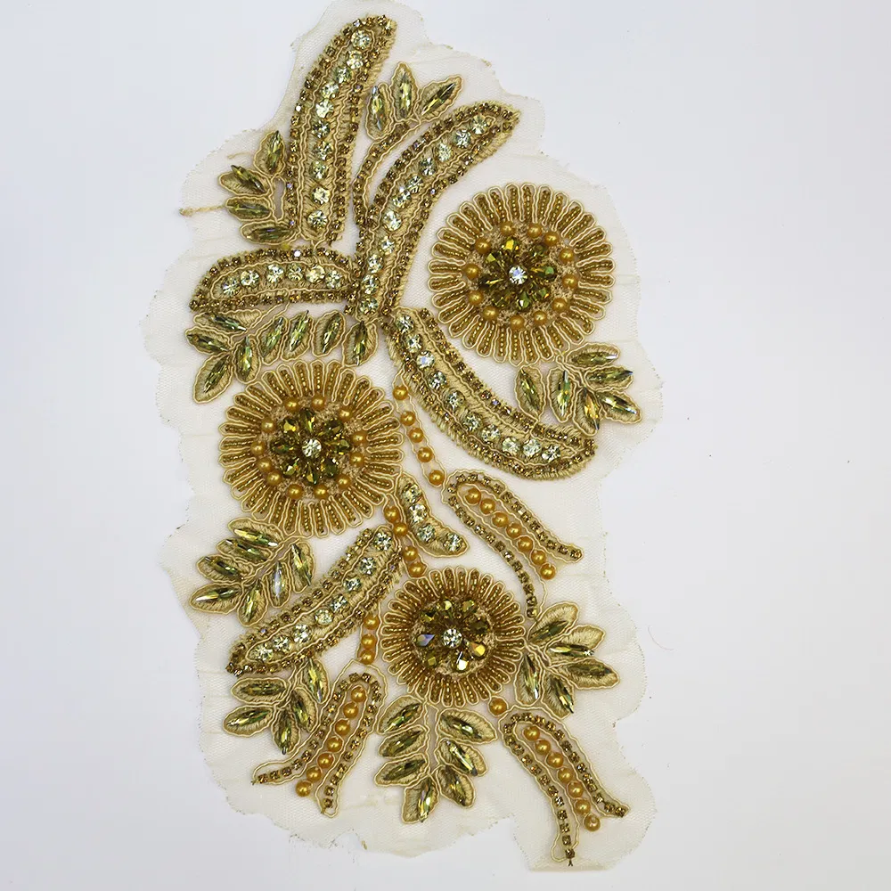 Heavy Bead Embroidery Lace Crochet Flower Beaded Crystal Rhinestone Patch Fashion Bridal Neck Lace Applique