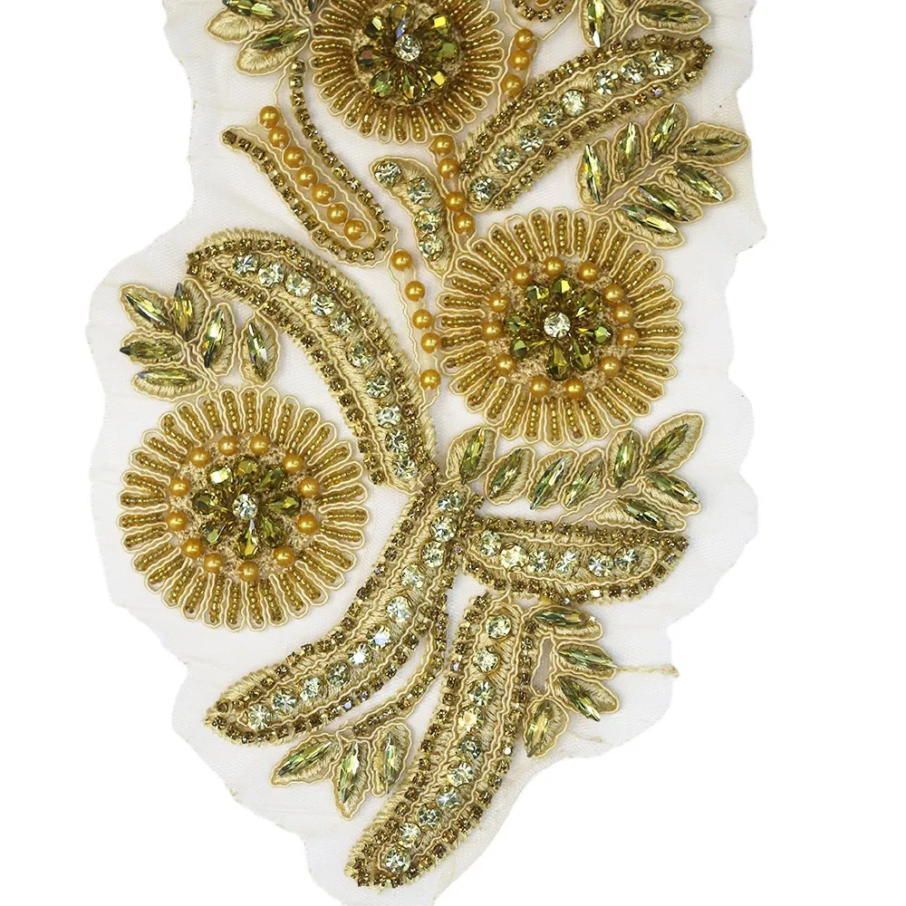 Heavy Bead Embroidery Lace Crochet Flower Beaded Crystal Rhinestone Patch Fashion Bridal Neck Lace Applique