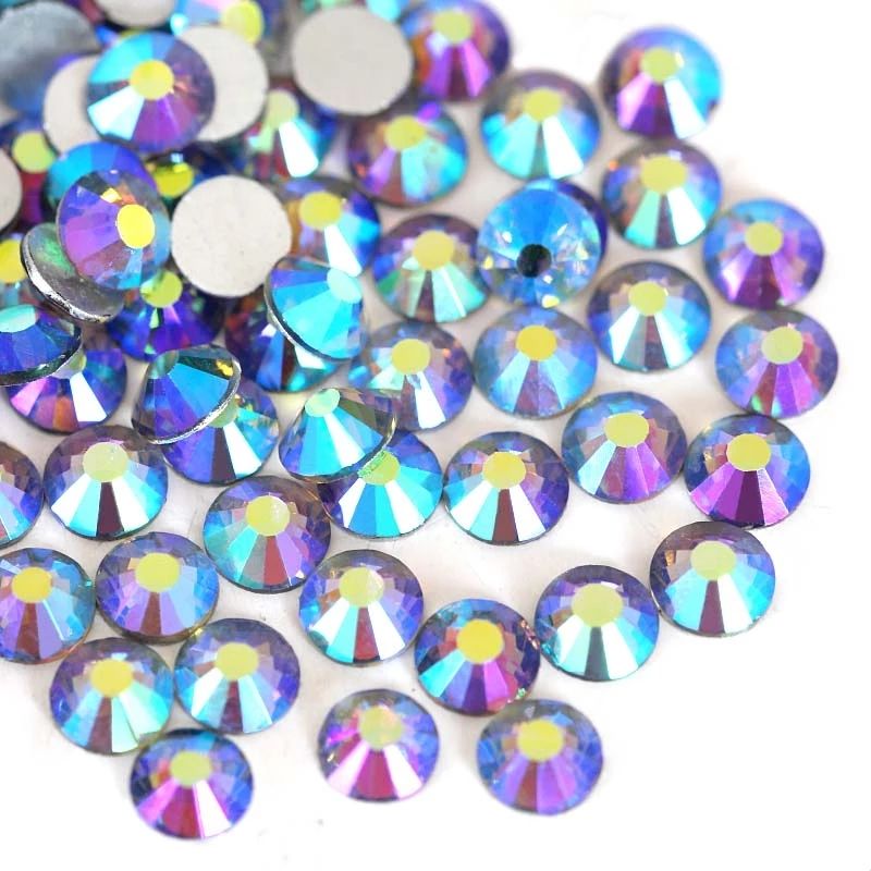High Quality Boutique Blue Ab Glass Glitter Rhinestones 12 Cutting Facets Non Hot Fix Rhinestone for Nail Art Decoration