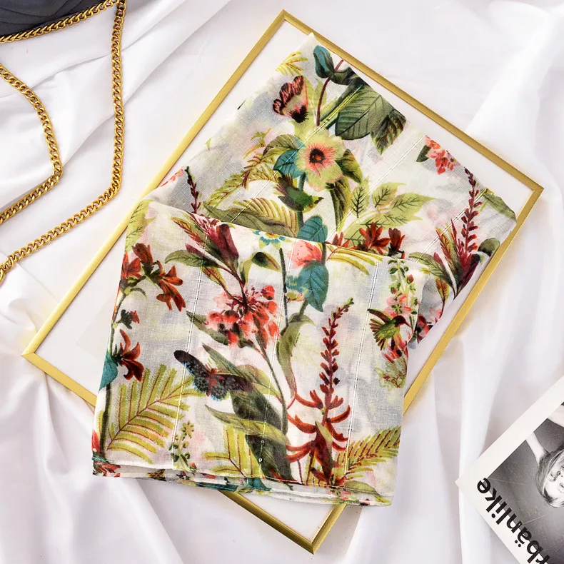 Hot Sale Flora Print Female Shawl Spring Summer Sequins Printing Fashion Scarf Fashionfa Hijiab Cotton Muffler