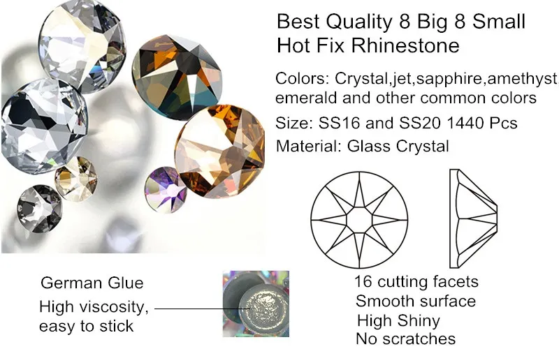 Kingswick Montana Glass Hot Fix Rhinestone 2088 Cut Facets 8 Big 8 Small Iron on Hotfix Rhinestones for Motif
