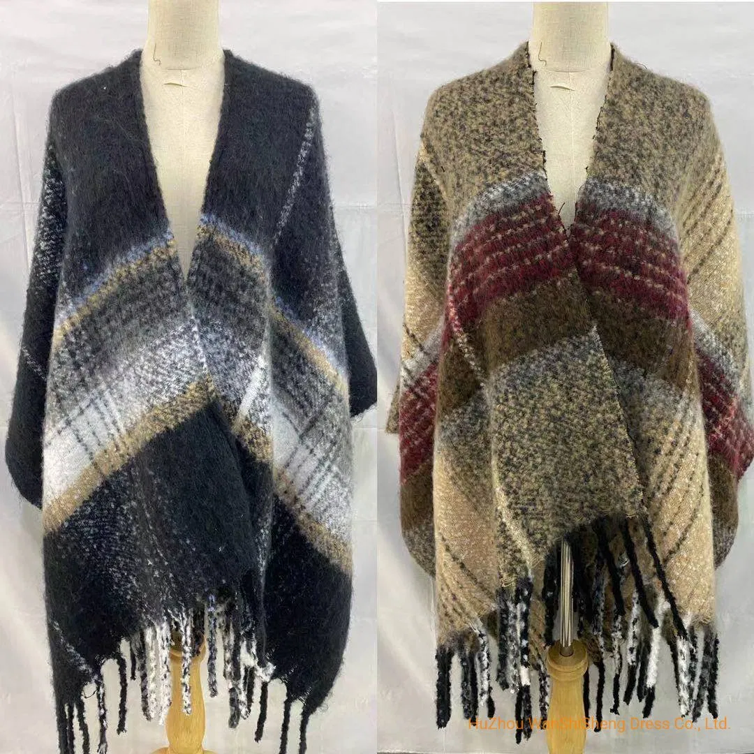 Ladies Winter Acrylic Check Runa Fashion Women Warm Big Plaid Poncho/Ruana/Warp/ Cape