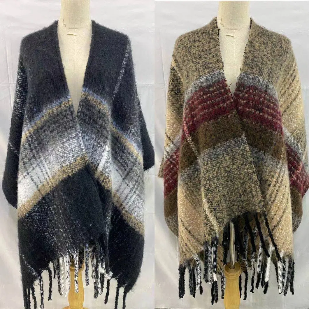 Ladies Winter Acrylic Check Runa Fashion Women Warm Big Plaid Poncho/Ruana/Warp/Cape
