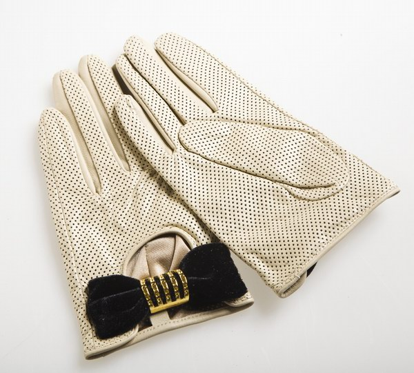 Lady Fashion Goatskin Leather Driving Gloves with Bow Decoration (YKY5083-1)