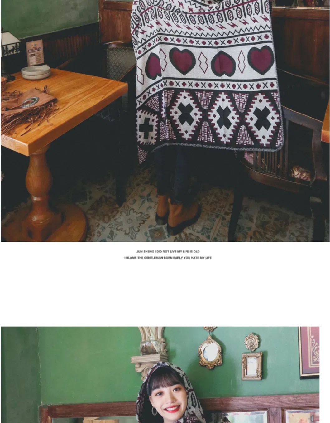 Love-Heart Geometric Pattern Printing Autumn/Winter Warm Big Shawl Belt Cape