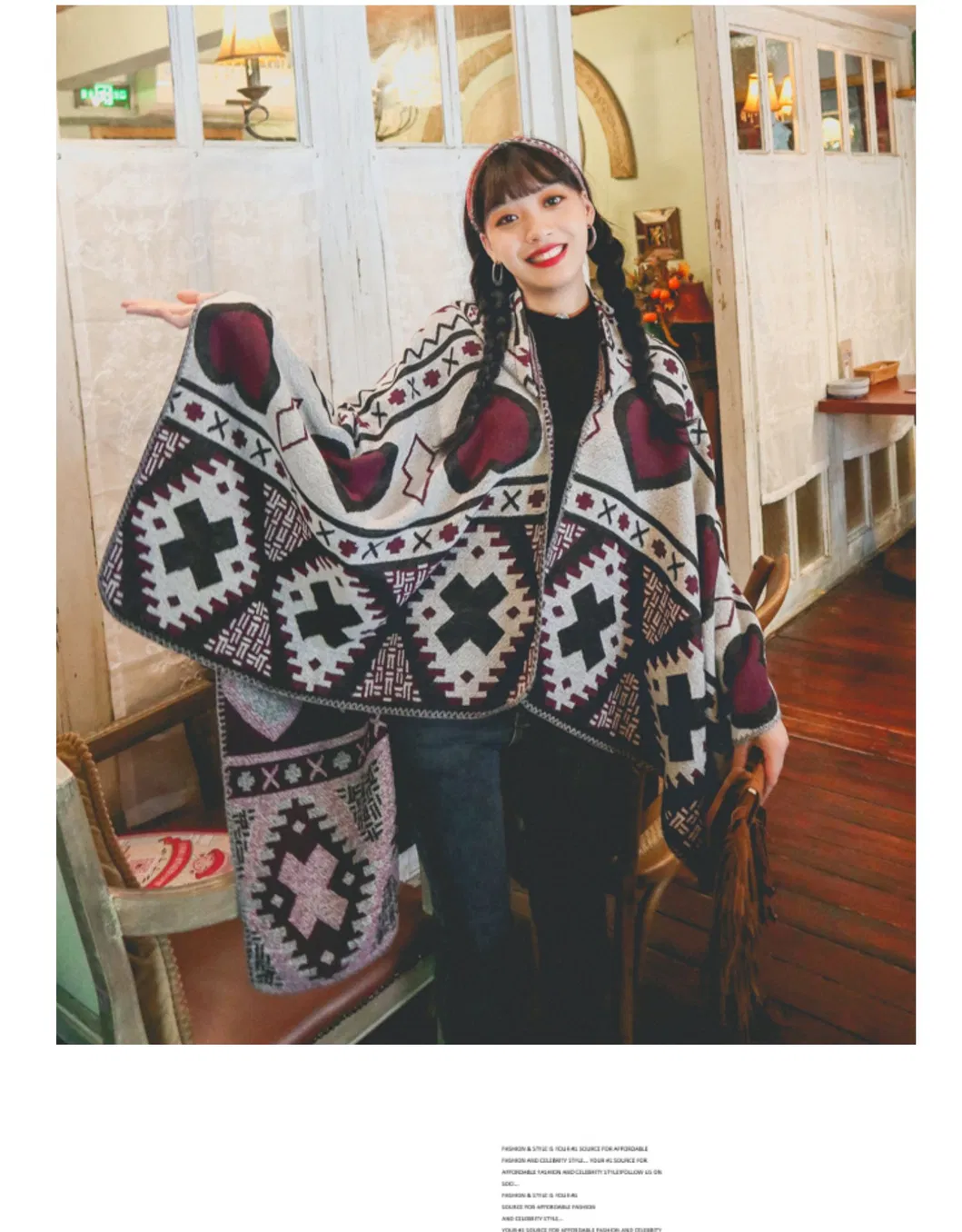 Love-Heart Geometric Pattern Printing Autumn/Winter Warm Big Shawl Belt Cape