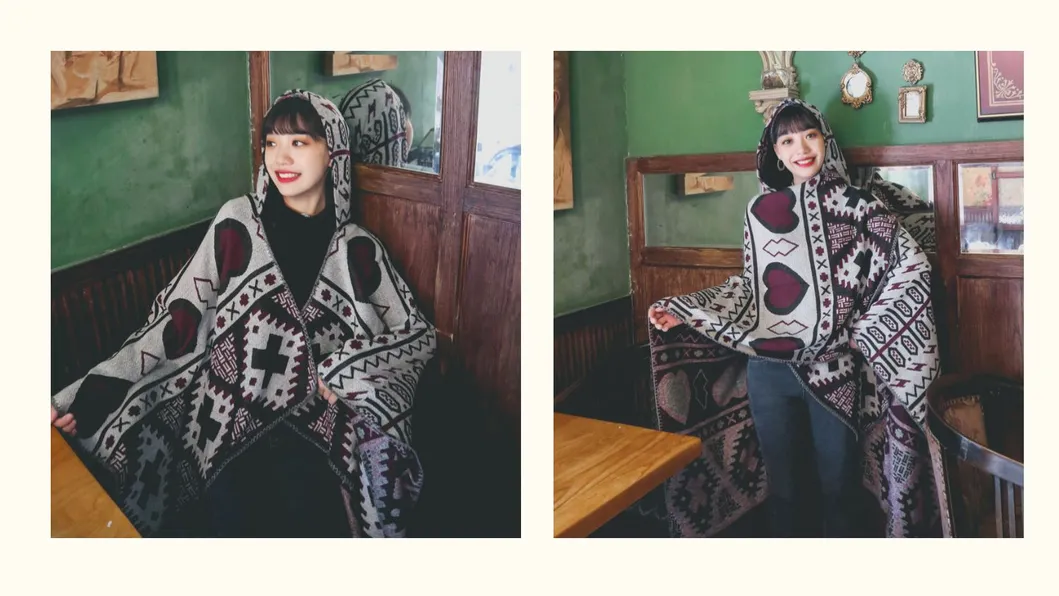 Love-Heart Geometric Pattern Printing Autumn/Winter Warm Big Shawl Belt Cape