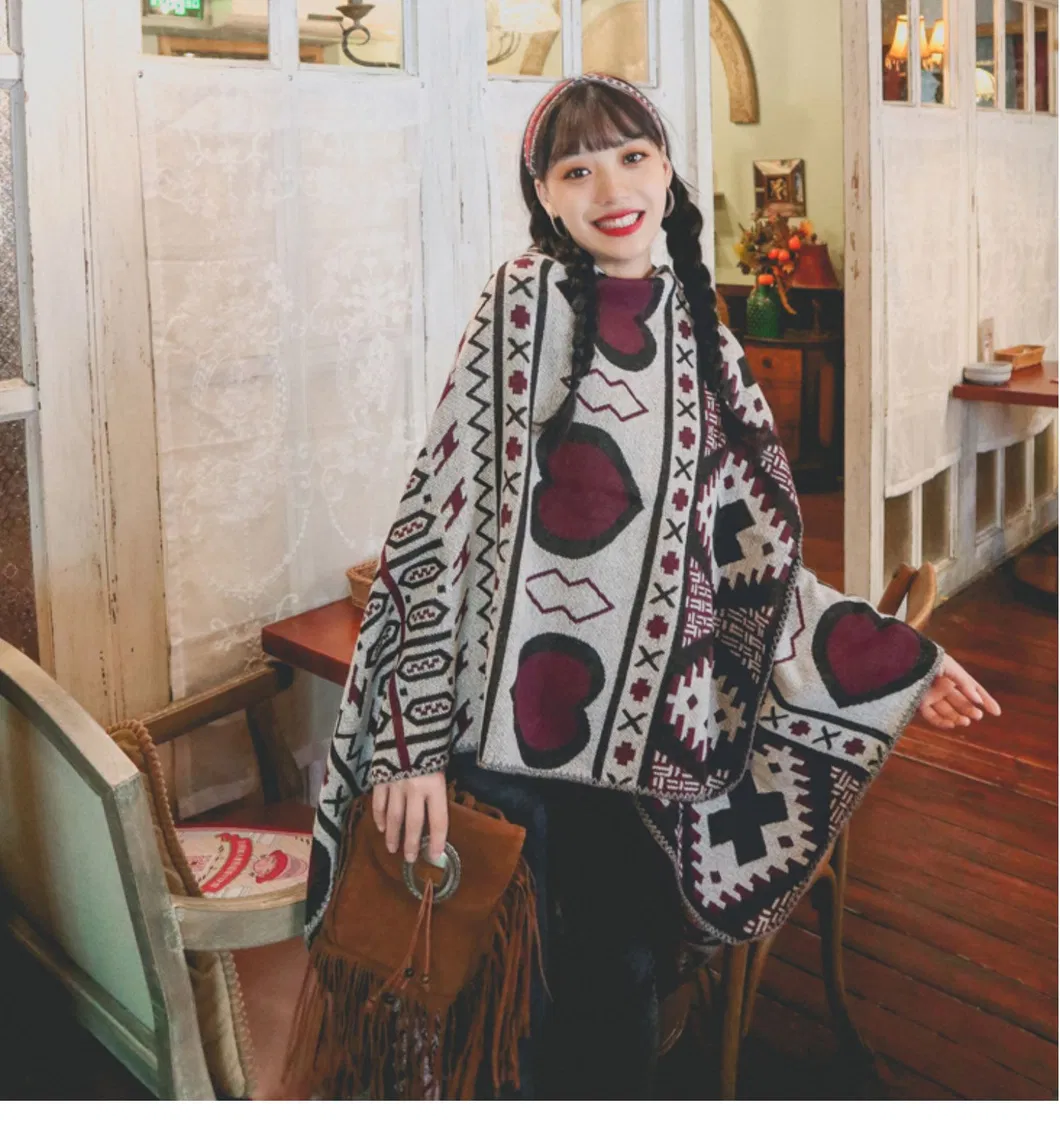 Love-Heart Geometric Pattern Printing Autumn/Winter Warm Big Shawl Belt Cape