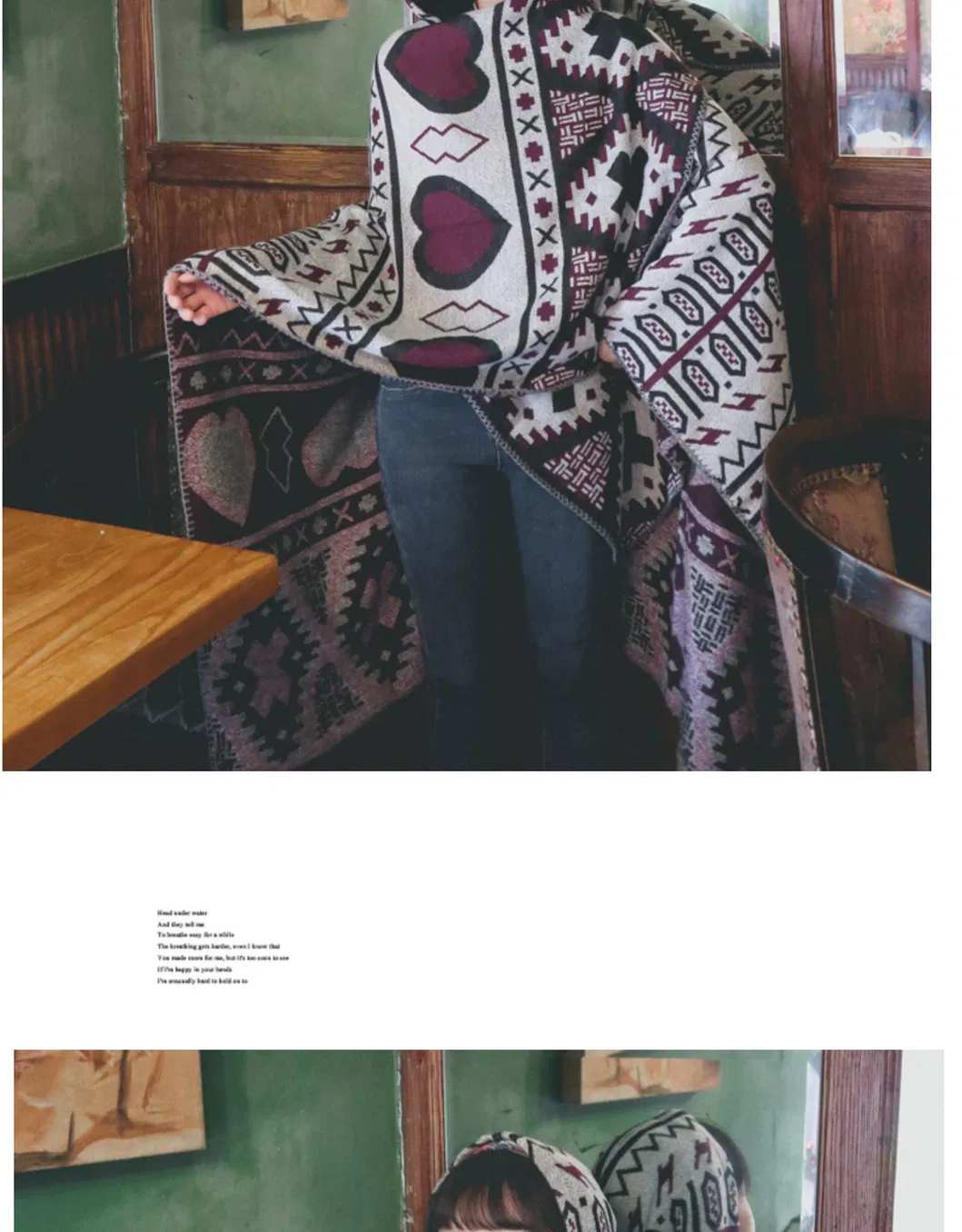 Love-Heart Geometric Pattern Printing Autumn/Winter Warm Big Shawl Belt Cape
