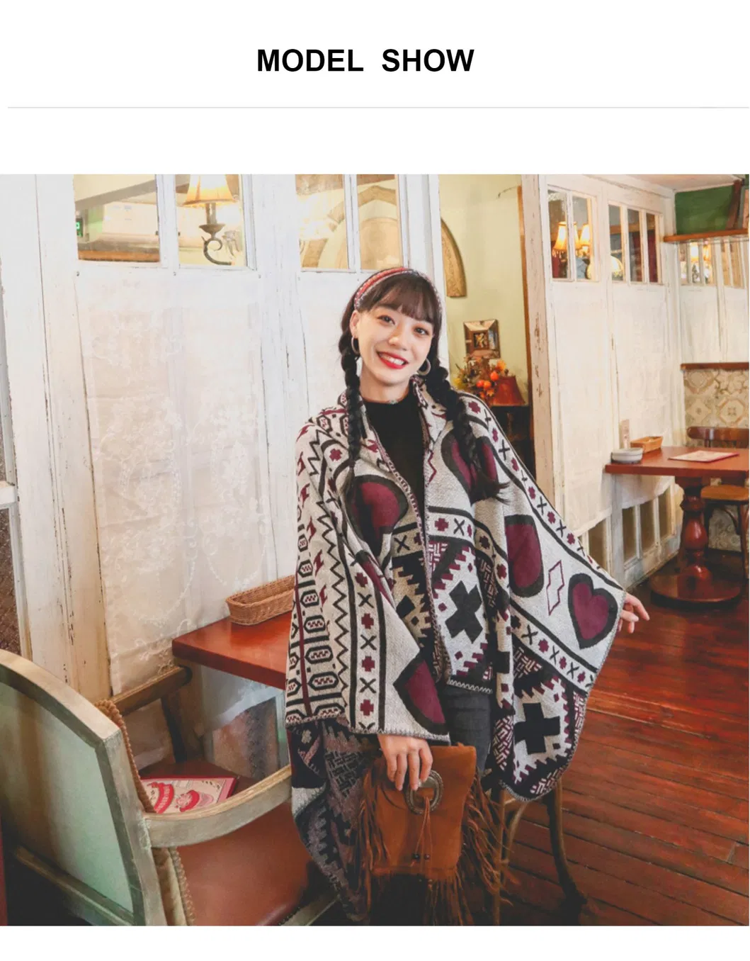 Love-Heart Geometric Pattern Printing Autumn/Winter Warm Big Shawl Belt Cape