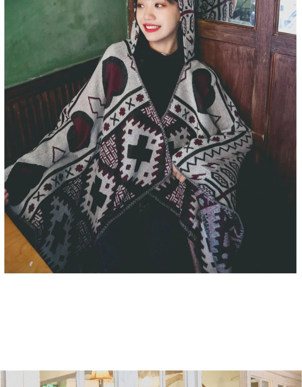 Love-Heart Geometric Pattern Printing Autumn/Winter Warm Big Shawl Belt Cape