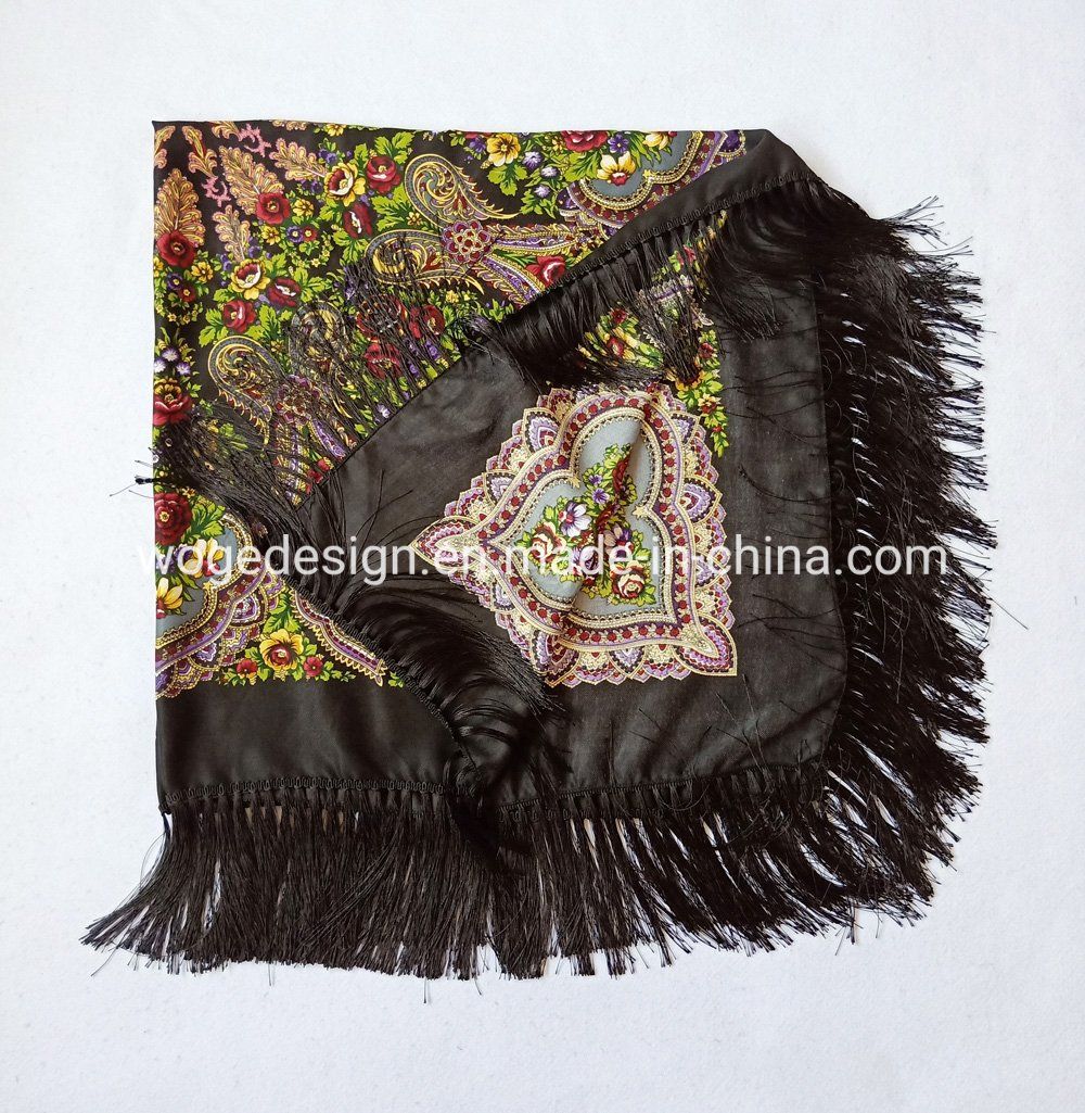 Made in Prc 110*110cm Wrap Tippet Stole Echarpe Floral Print Lady Polyester Cotton Square Ukrainian Shawl Scarf