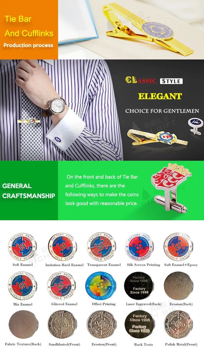 Men′s High Quality Custom Metal Enamel Movement Polished Stainless Steel Novelty Gold Plated Set of Tie Clip Cufflinks with Gift Box
