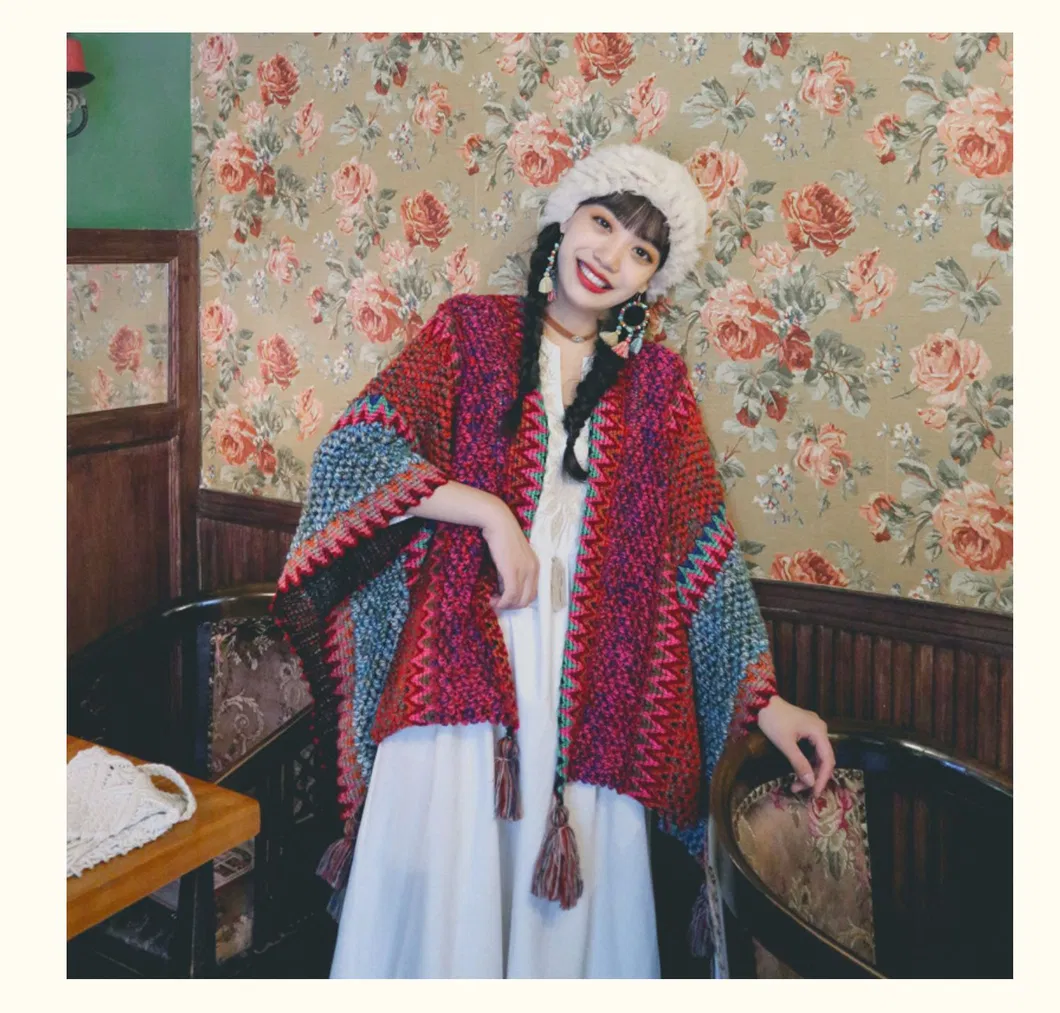 National Style Design Rectangular Six Colors Tassels Warm Women Shawl