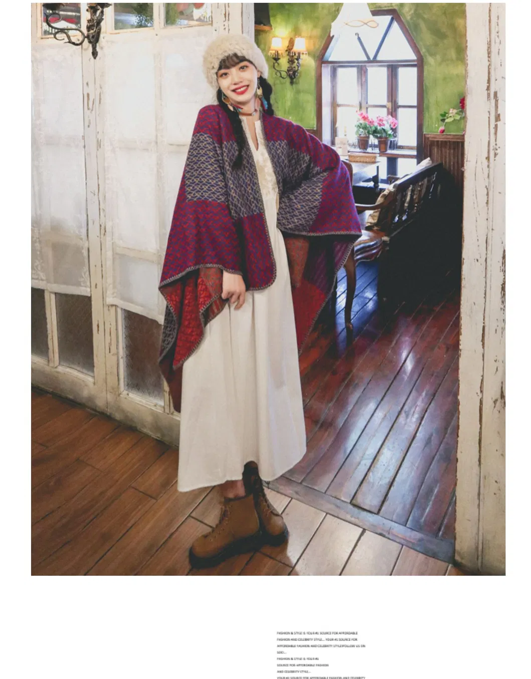 National-Wind Color-Stitching Thick Large Shawl Travel-Vacation Warm Cape