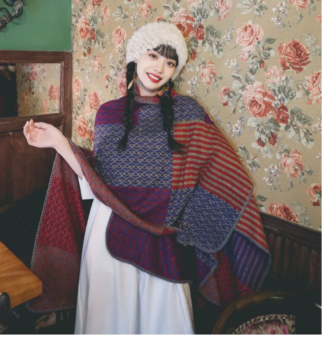 National-Wind Color-Stitching Thick Large Shawl Travel-Vacation Warm Cape