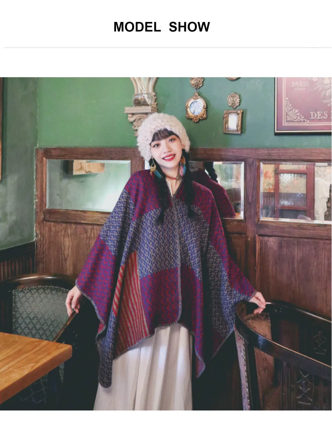 National-Wind Color-Stitching Thick Large Shawl Travel-Vacation Warm Cape