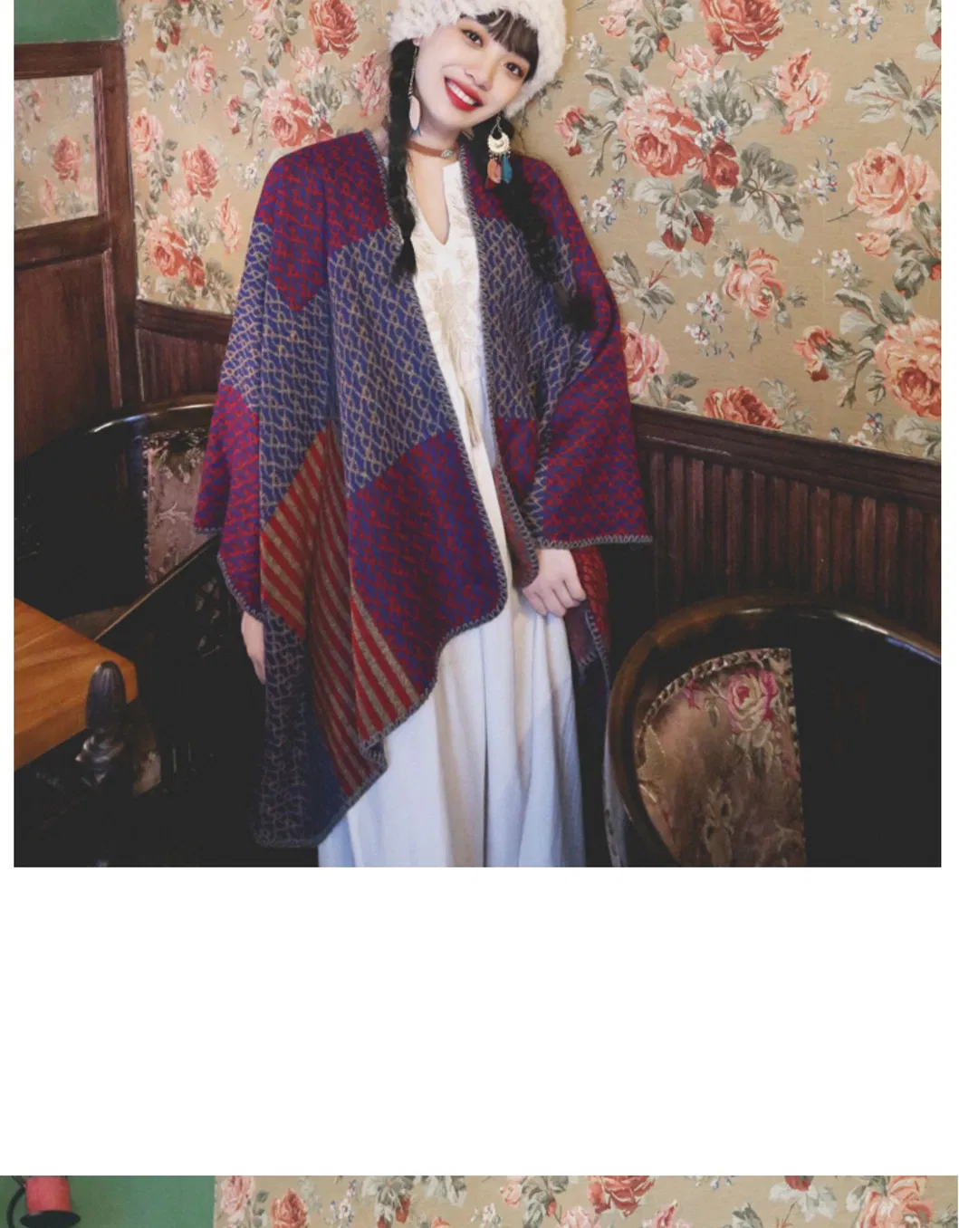 National-Wind Color-Stitching Thick Large Shawl Travel-Vacation Warm Cape