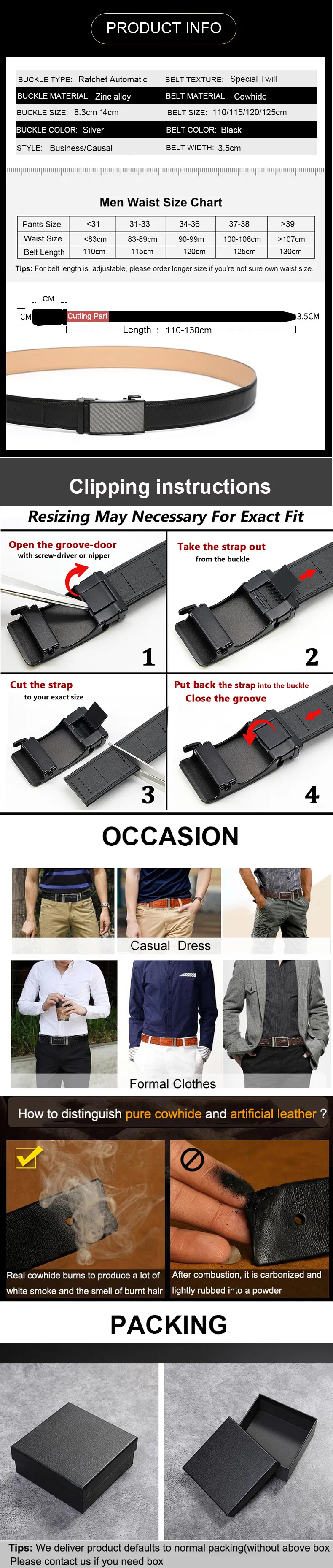 New Fashion Click Alloy Automatic Buckle Real Leather Men′s Belts with Customized Logo
