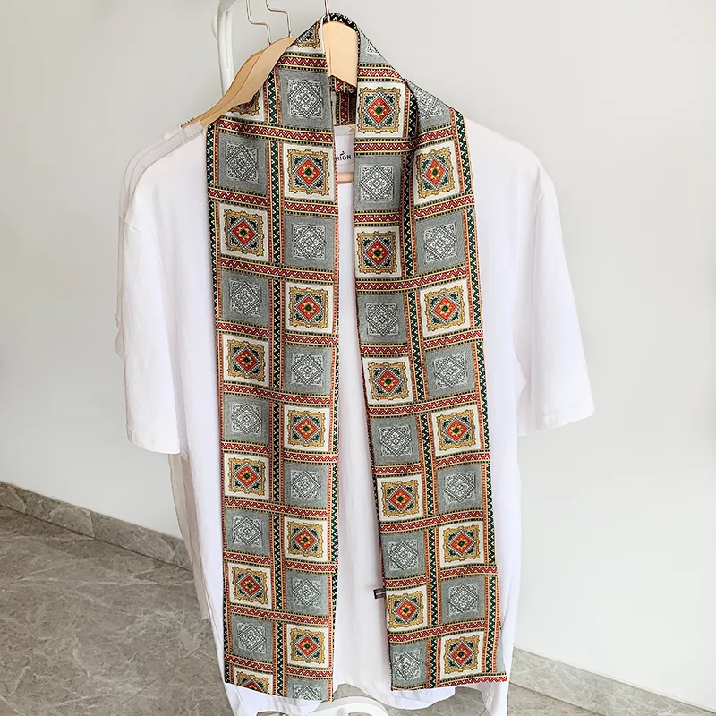 Silk Feeling Small Scarf Ethnic Boho Print Skinny Scarf Vintage Headdress Hair Band Chic Print Head Wrist Ribbons for Girls