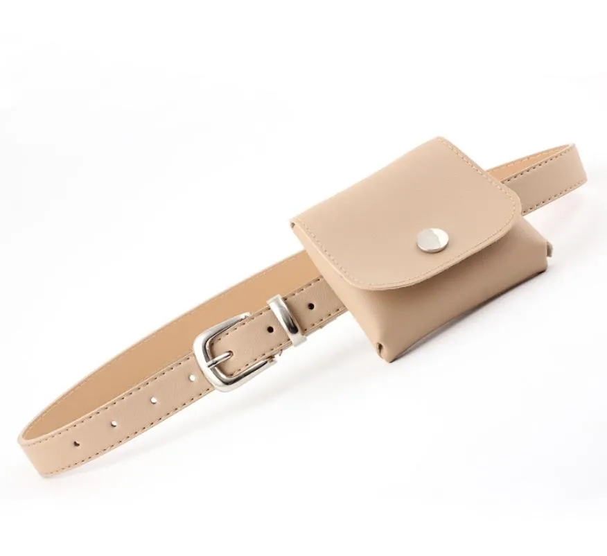Sliver Metal Buckle Fashion Women PU Waist Belt with Small Pocket
