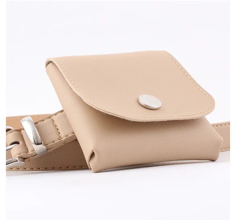 Sliver Metal Buckle Fashion Women PU Waist Belt with Small Pocket