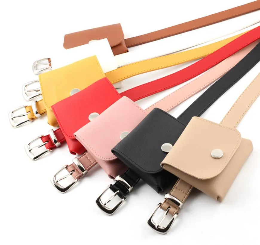 Sliver Metal Buckle Fashion Women PU Waist Belt with Small Pocket