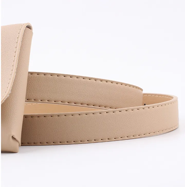 Sliver Metal Buckle Fashion Women PU Waist Belt with Small Pocket