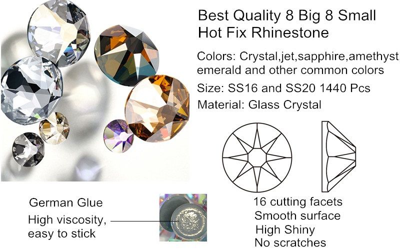 Wholesale Hotfix Rhinestones Gems Flat Back Stones for Sash/Wedding Applique 8 Big 8 Small Cut Facets