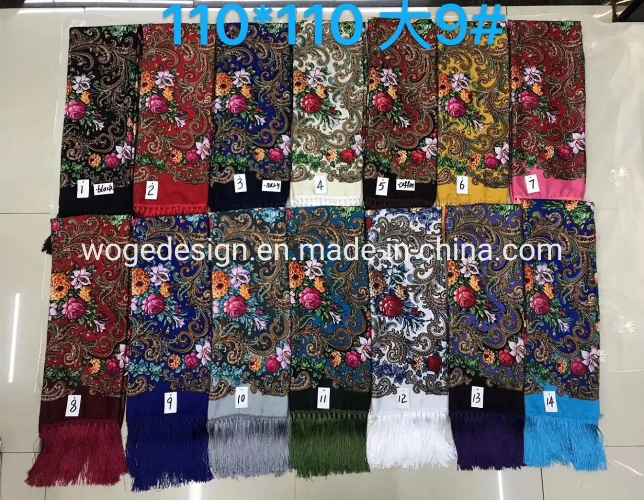 Woge Factory Hot Sold Dress 110*110cm Headwrap Stole Echarpe Print Lady Polyester Cotton Square Floral Scarf Shawls