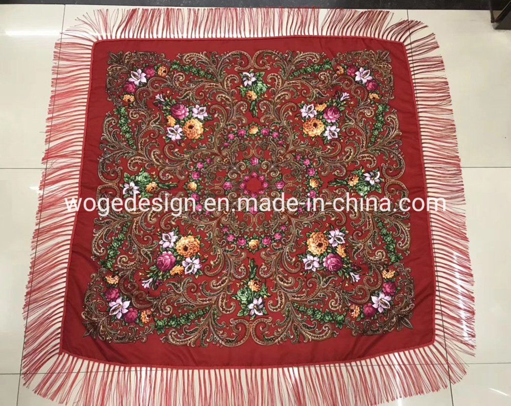 Woge Factory Hot Sold Dress 110*110cm Headwrap Stole Echarpe Print Lady Polyester Cotton Square Floral Scarf Shawls
