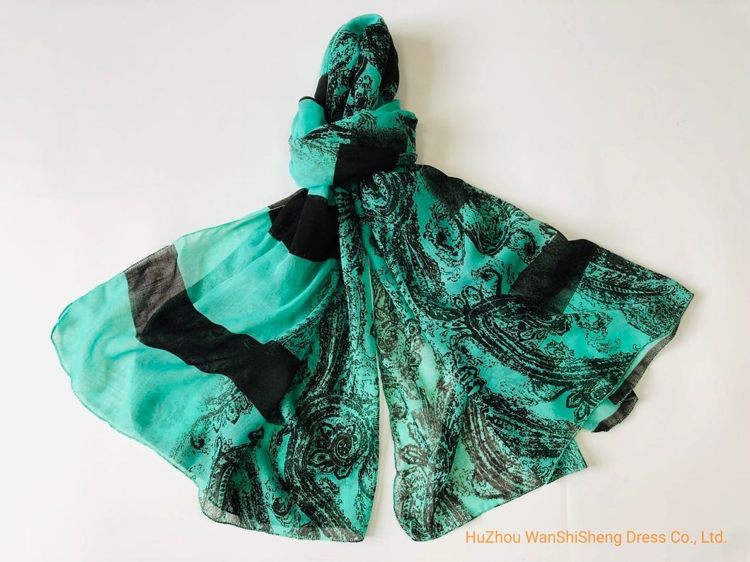 Women Fashion Spring Summer Shawl Green Print Long Muffler Tassels Wrap Foulard Femme Flower Scarf