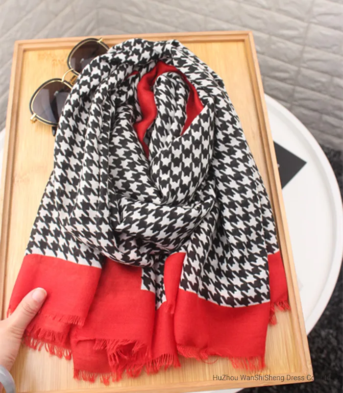 Women Fashion Spring Summer Shawl Vintage Houndstooth Print Long Muffler Tassels Wrap Foulard Femme &nbsp; Scarf