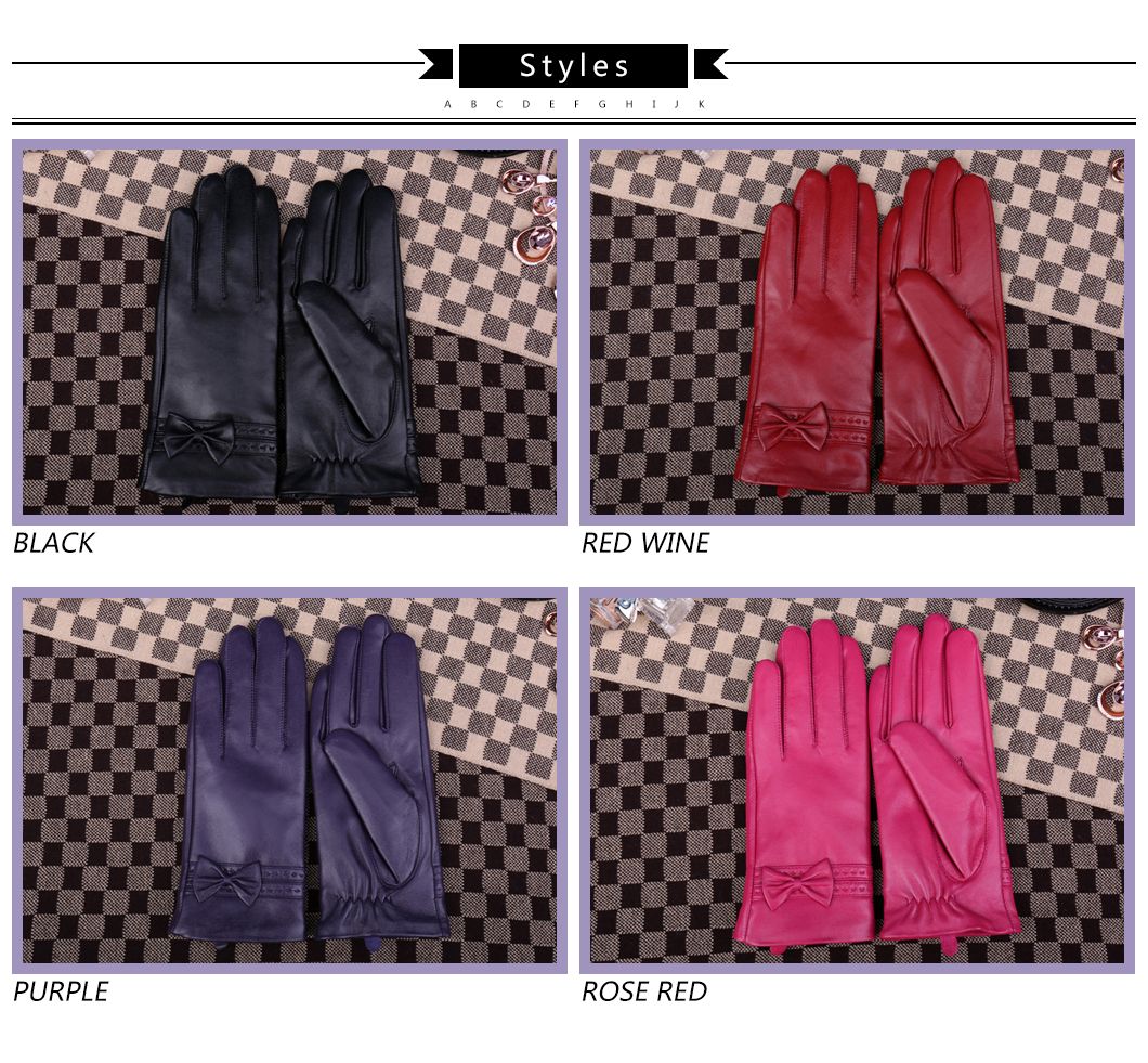 Women Leather Gloves Girls Fashion Red Wine Color Goatskin Leather Glove Goat Women with Bow