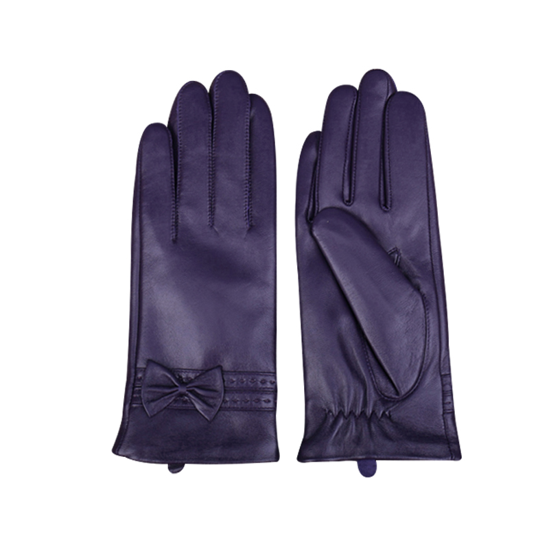 Women Leather Gloves Girls Fashion Red Wine Color Goatskin Leather Glove Goat Women with Bow