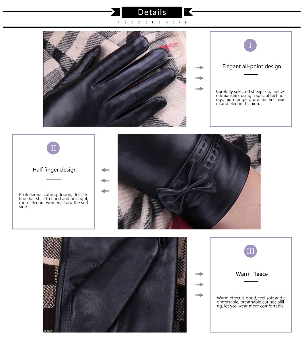 Women Leather Gloves Girls Fashion Red Wine Color Goatskin Leather Glove Goat Women with Bow