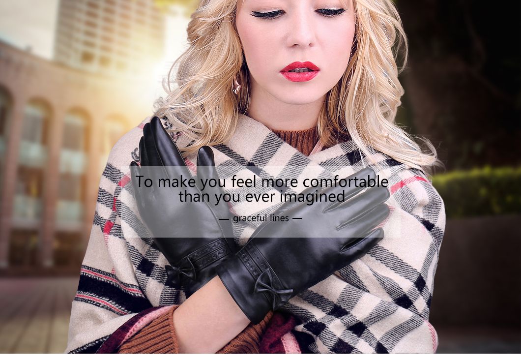 Women Leather Gloves Girls Fashion Red Wine Color Goatskin Leather Glove Goat Women with Bow